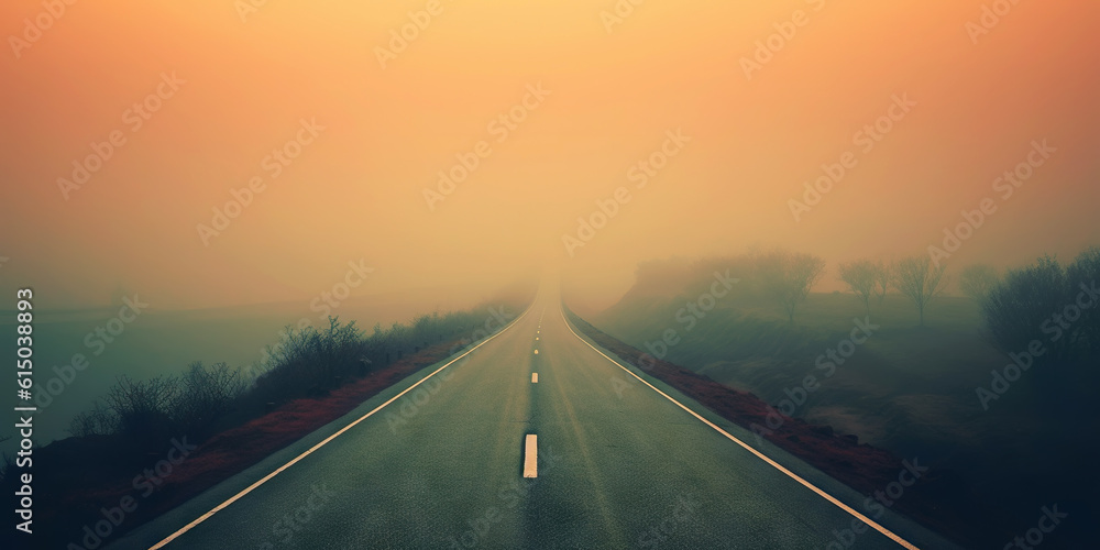 Minimalistic misty empty road. Foggy highway. Mystery travel concept. Generative AI