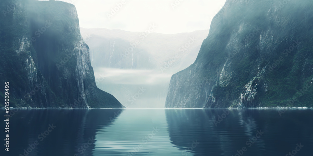 Fjord minimalistic landscape. Fog over mountains. Generative AI