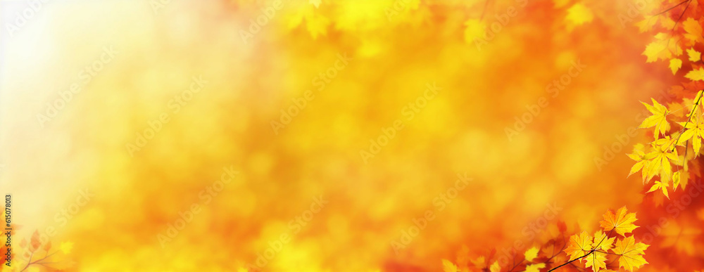 Colorful universal natural autumn background for design with orange leaves and blurred background.