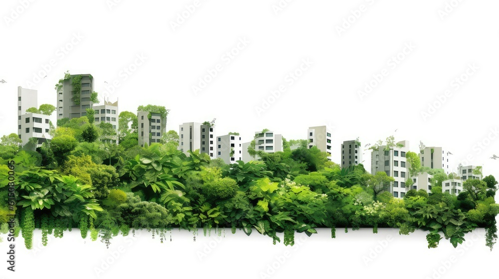 City in green leaves double exposure illustration - Generative AI.