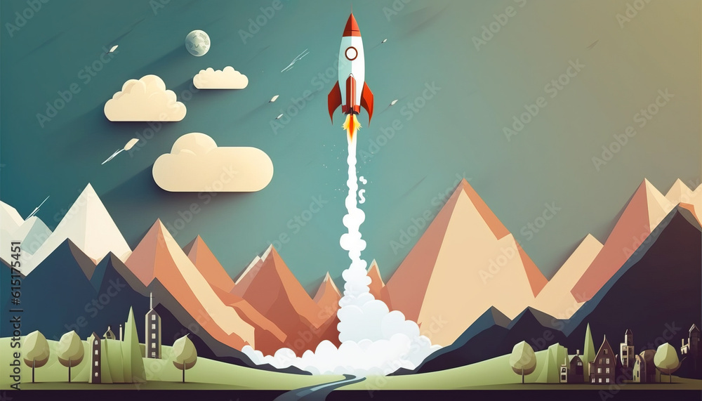 Rocket start up - The cartoon-style rocketship is playful and fun, capturing the excitement and ener