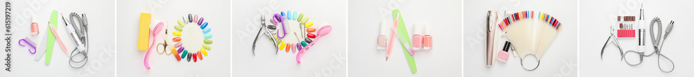 Collage of supplies for manicure on light background