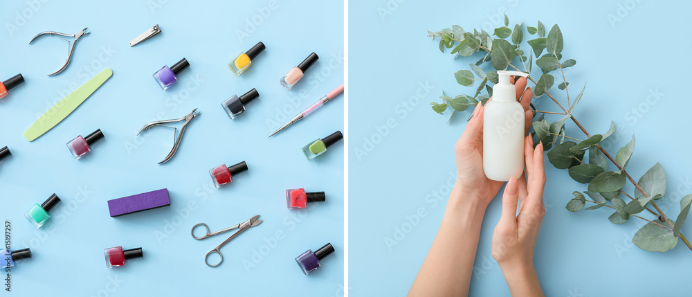 Collage of female hands with supplies for manicure and cosmetic cream on light blue background