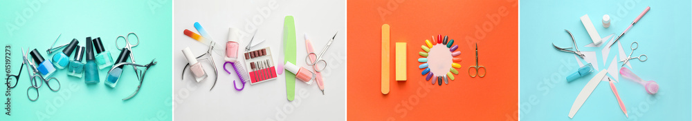 Collage of supplies for manicure on color background