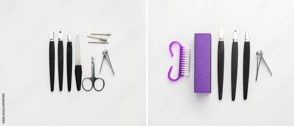 Collage of supplies for manicure on light background