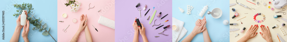 Collage of female hands with supplies for manicure and cosmetic products on color background