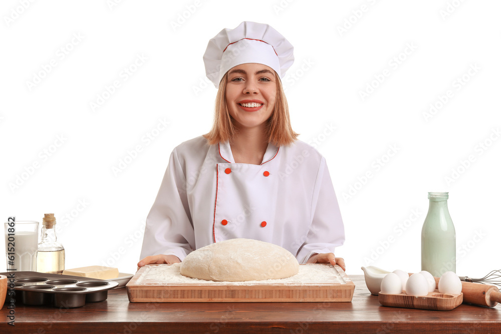 Female baker with raw dough at table on white background