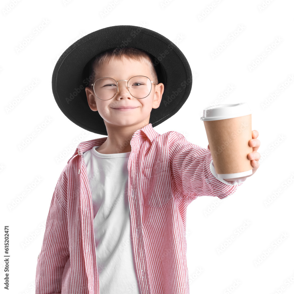 Cute little stylist with cup of coffee on white background