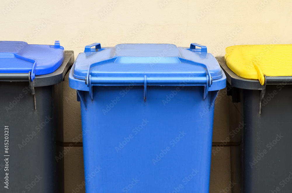 Garbage containers near building wall, closeup