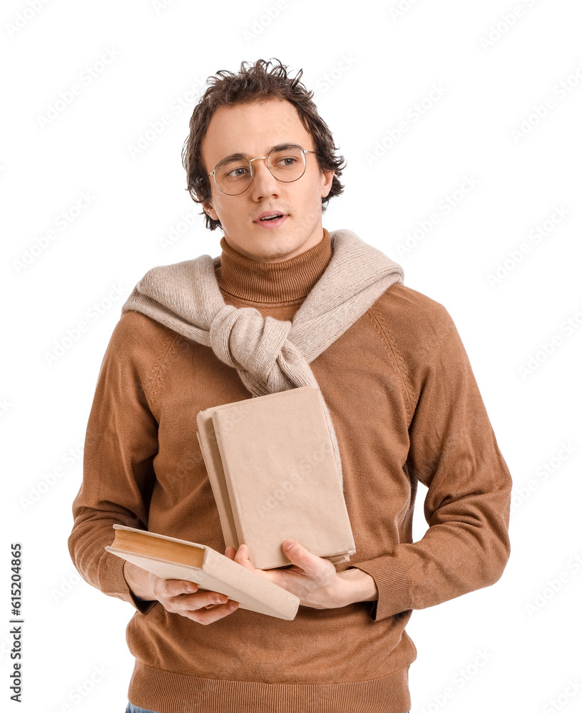 Young man with books on white background