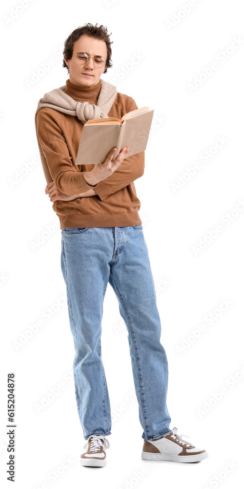 Young man reading book on white background