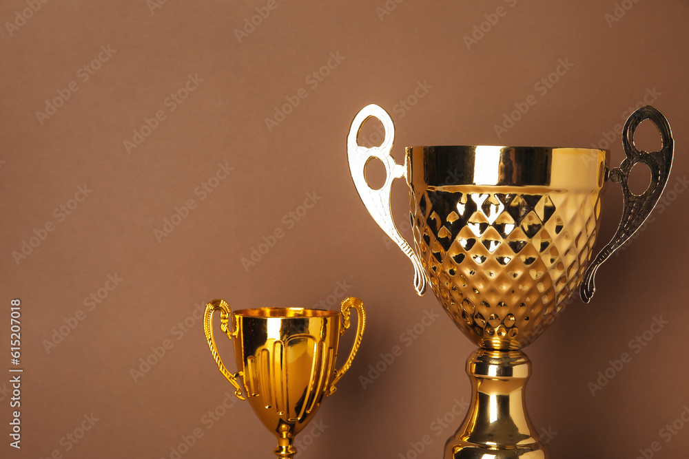 Gold cups on brown background, closeup