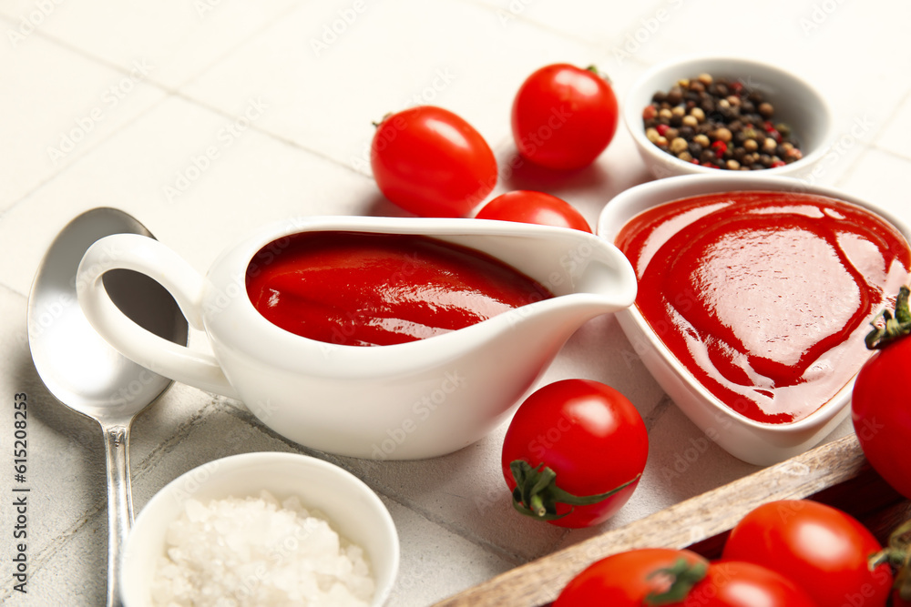 Gravy boat and bowl of tasty ketchup with fresh tomatoes on white tile background