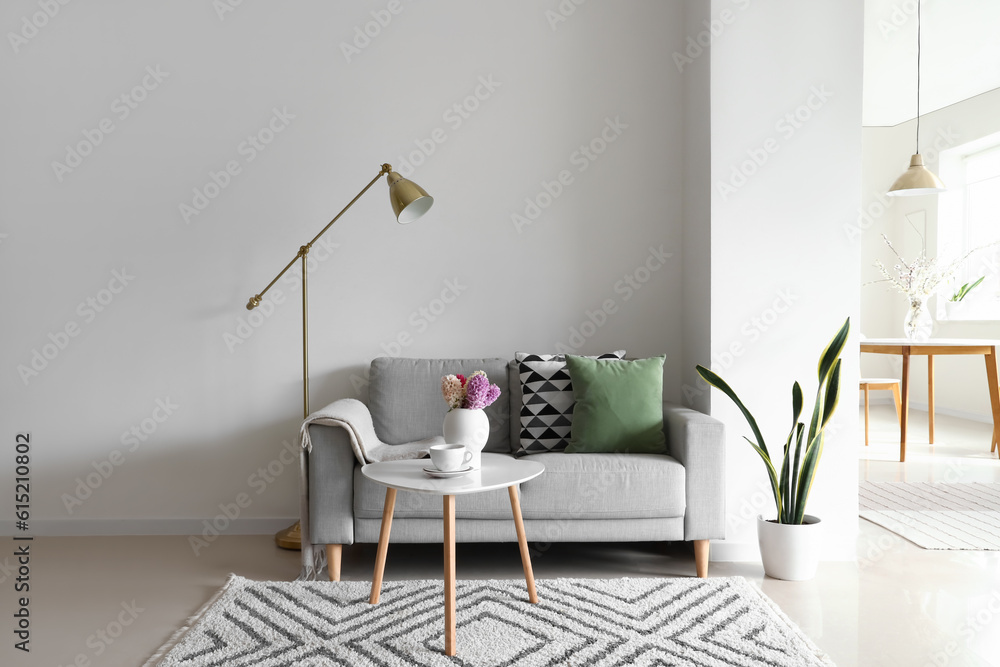 Interior of light living room with grey sofa and blooming hyacinth flowers on table