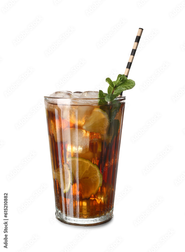 Glass of tasty Cuba Libre cocktail isolated on white background