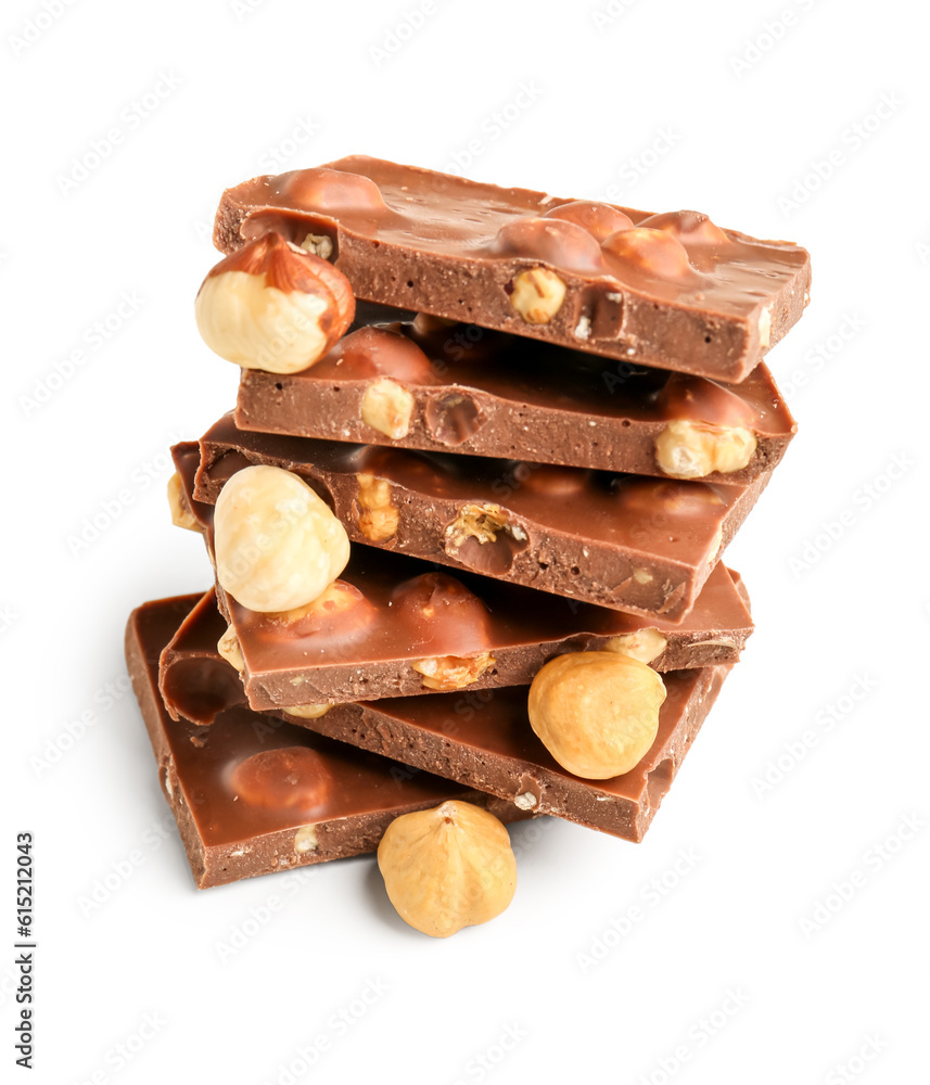 Sweet tasty chocolate with nuts on  white background