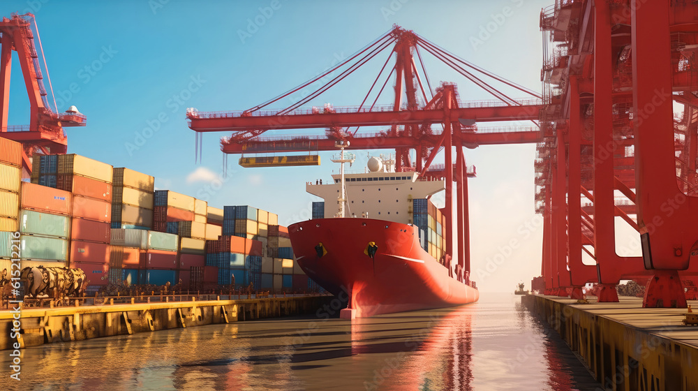 Large container cargo ship moored at a terminal with cranes in the industrial port, Transport, Shipp