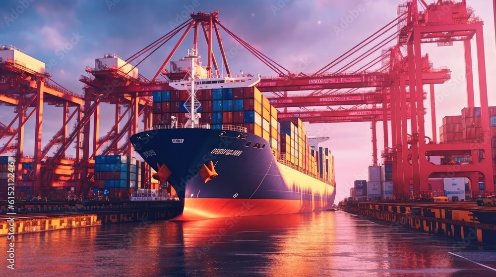 Large container cargo ship moored at a terminal with cranes in the industrial port, Transport, Shipp