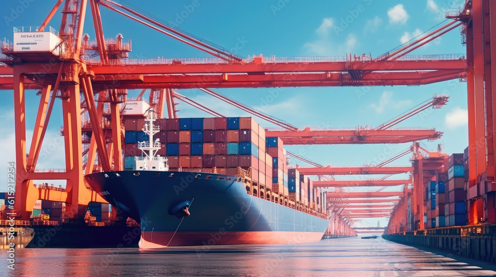 Large container cargo ship moored at a terminal with cranes in the industrial port, Transport, Shipp