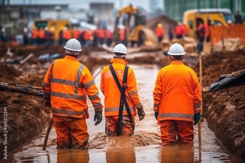 Group of worker excavation water drainage at construction site.