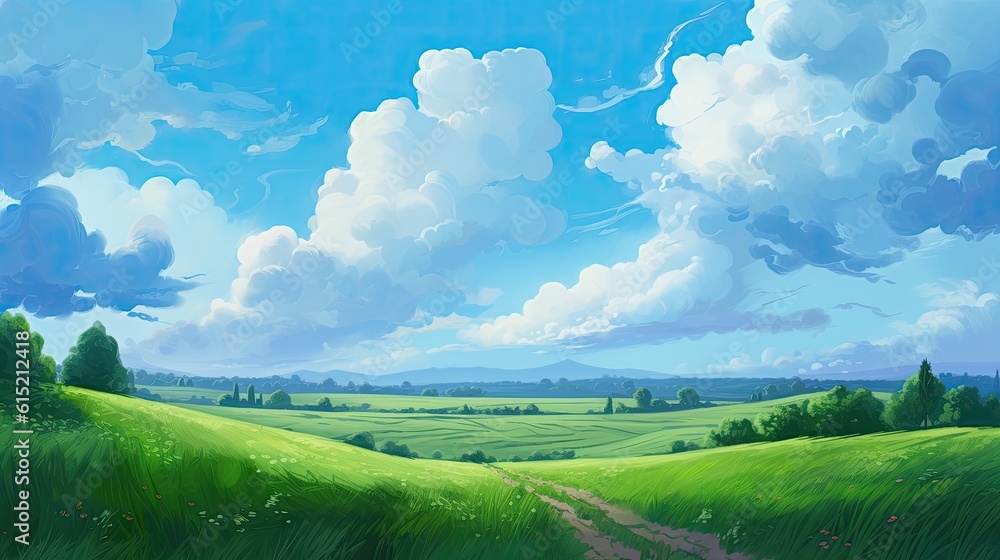 Anime-style artwork of serene pastoral scenes. Fields, clouds, and dirt paths come to life in richly