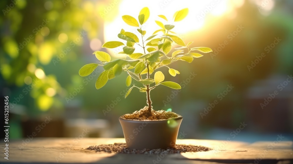 Small tree growing with sunshine in garden, Ecology concept.