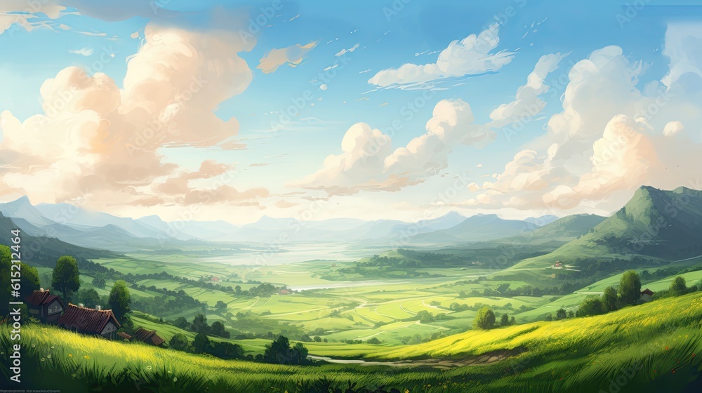 Calming cute rural landscape with fields, pastures and winding roads in a cartoon style. Generative 