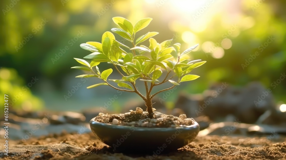 Small tree growing with sunshine in garden, Ecology concept.