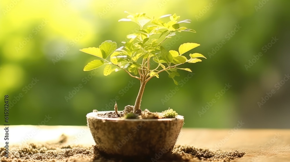 Young plant growing on dirt with sunshine in nature, Growth of new life on background.