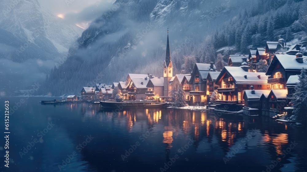 Hallstatt lakeside town in the Austrian Alps reflecting in Hallstattersee lake on a winter time with