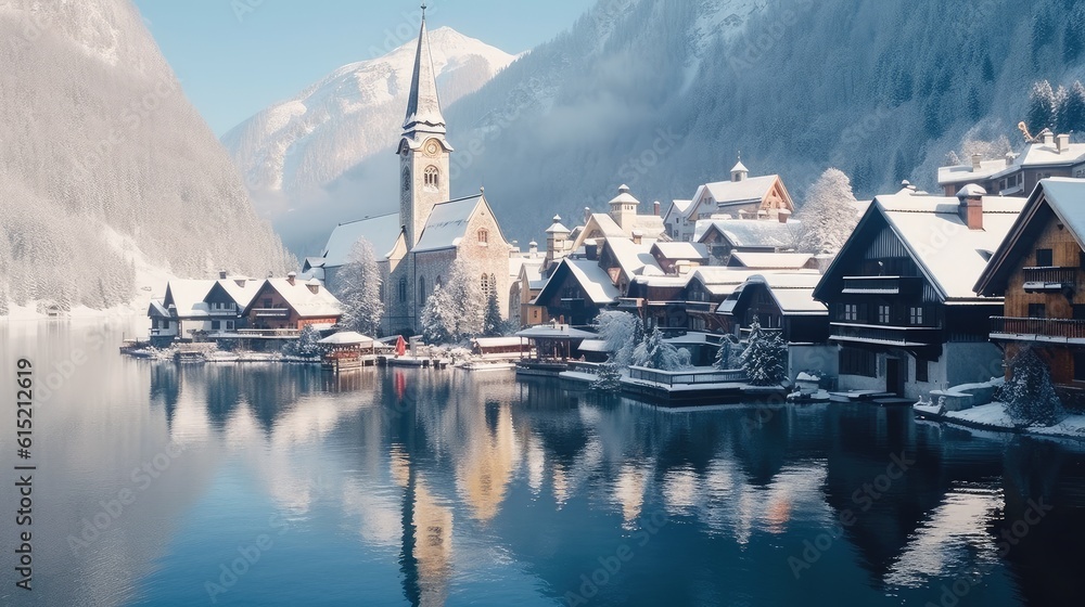 The idyllic village of Hallstatt with lake in the Austrian Alps, In winter time covered with snow.