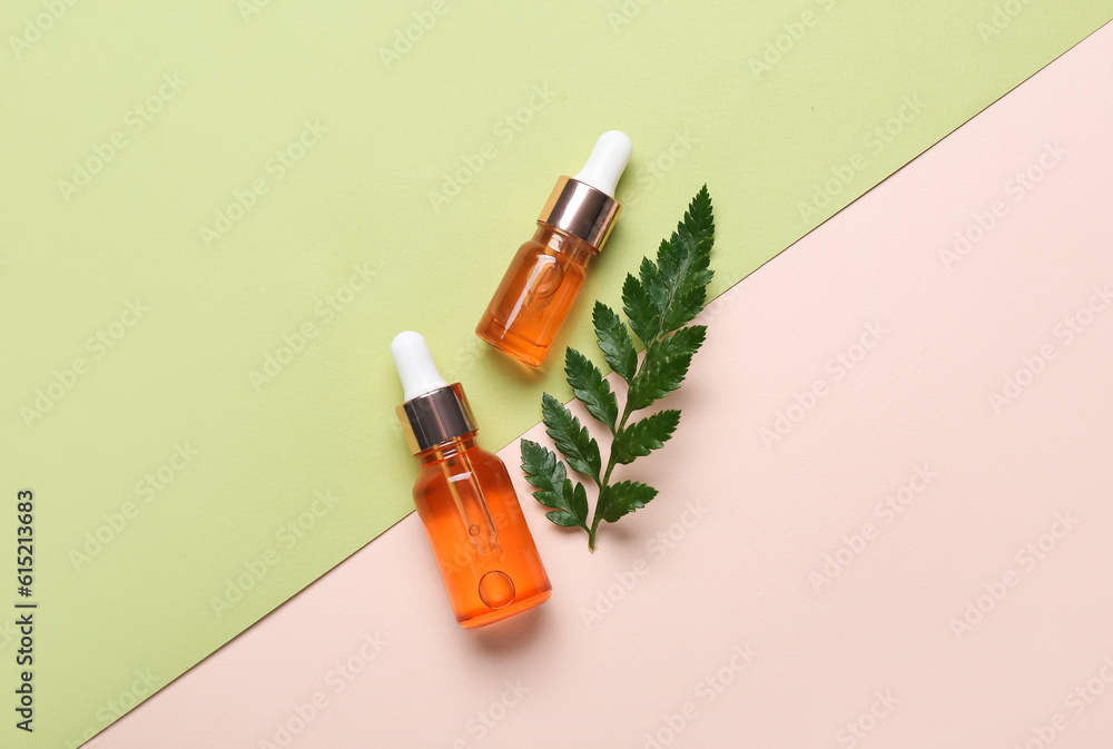 Bottles of cosmetic oil with plant twig on color background