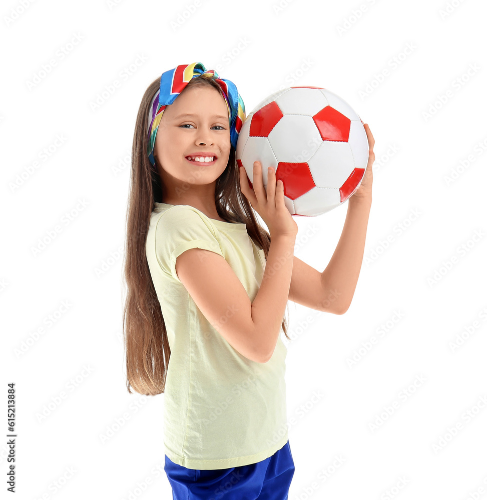 Little girl with soccer ball on white background