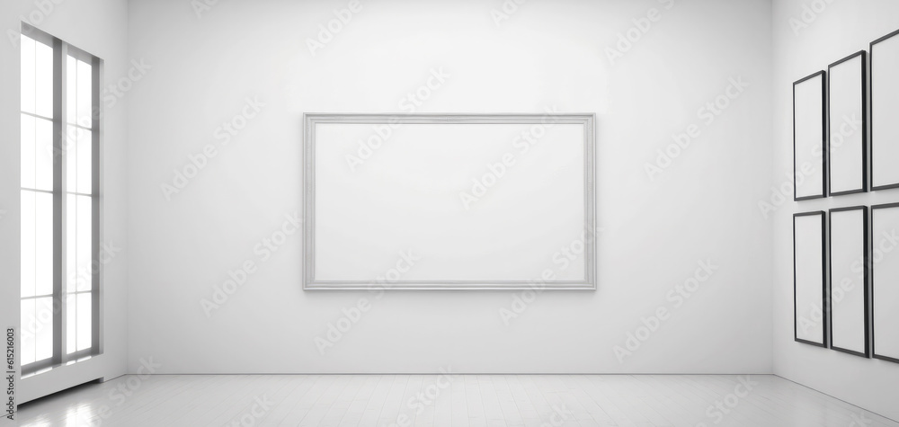 Minimalistic white interior of contemporary gallery with blank frames on the wall, visual art mockup