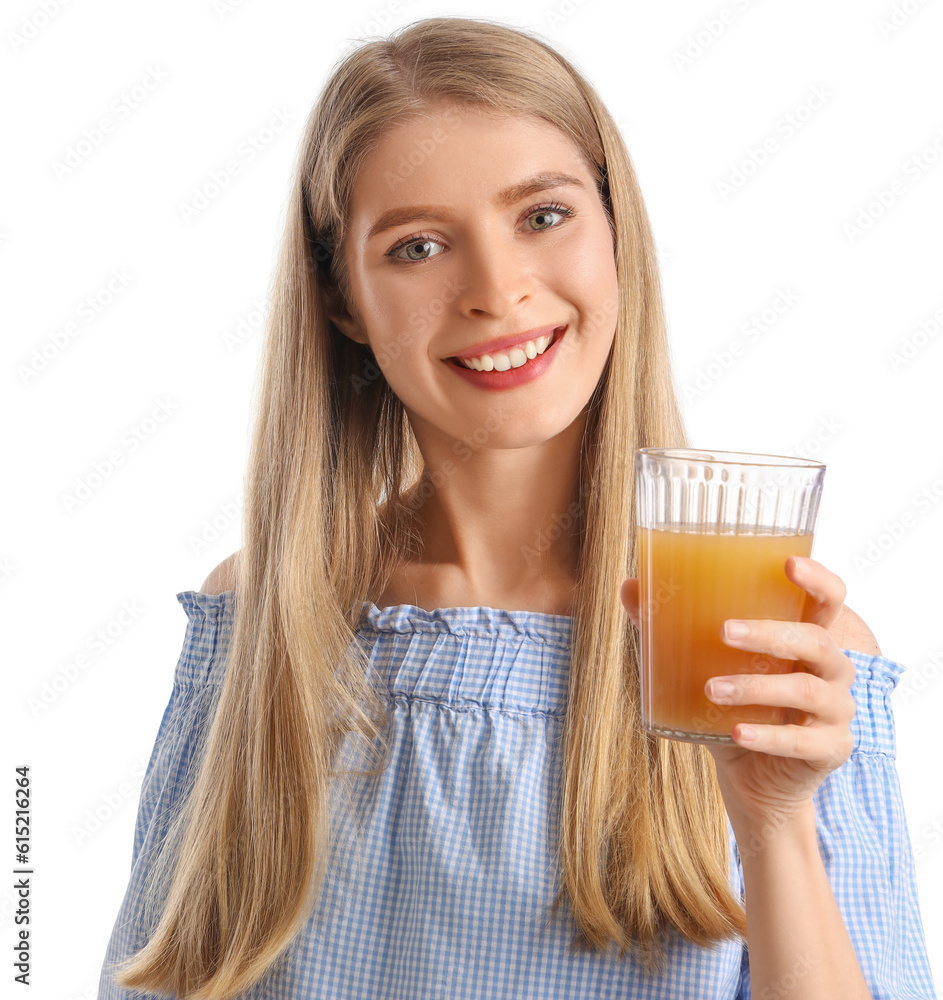 Young woman with glass of vegetable juice on white background, closeup