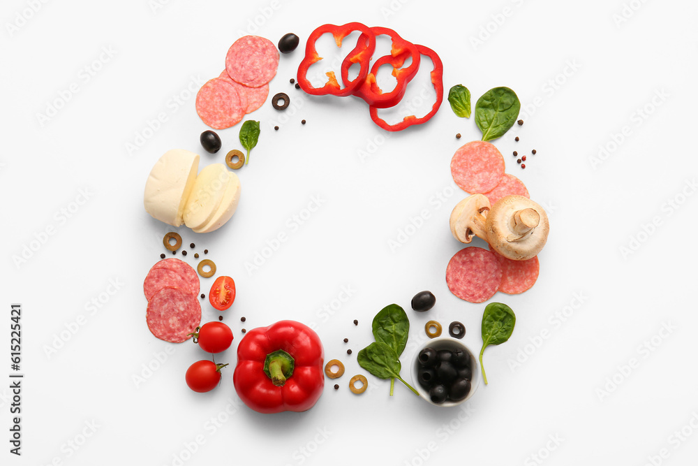 Frame made of fresh ingredients for preparing pizza on white background