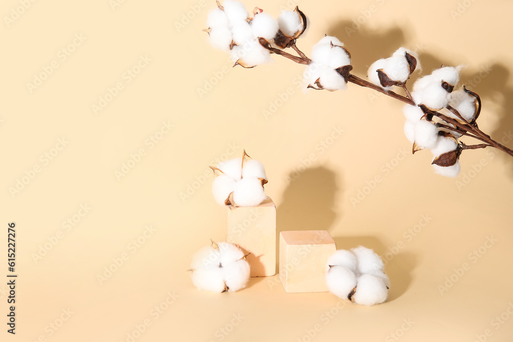 Cotton flowers with twig and cubes on beige background