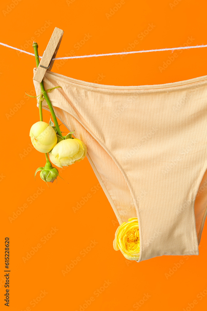 Female panties with beautiful rose flowers hanging on rope against color background, closeup