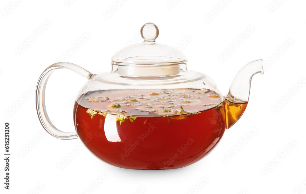 Teapot of natural chamomile tea with flowers isolated on white background