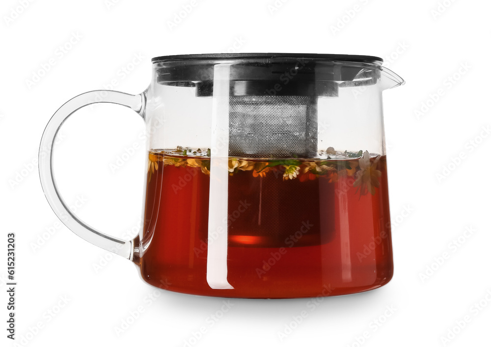 Teapot of natural chamomile tea with flowers isolated on white background