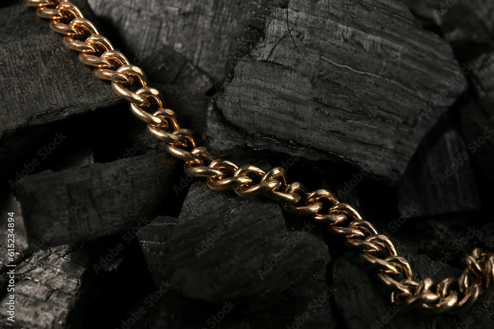 Beautiful chain necklace on black charcoal, closeup