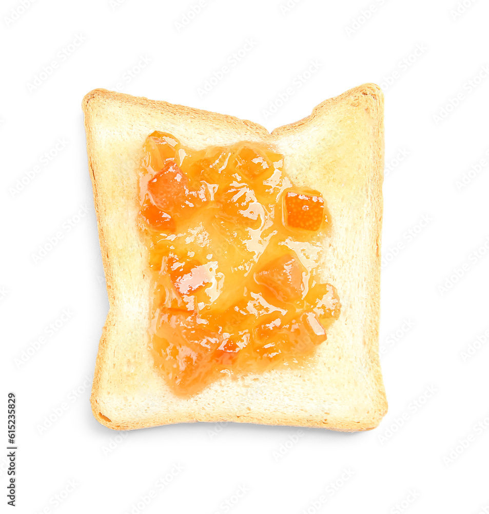 Delicious toast with sweet jam on white background