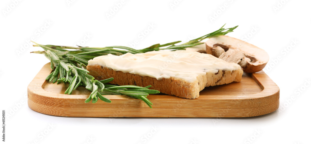 Wooden board of tasty toast with cream cheese on white background