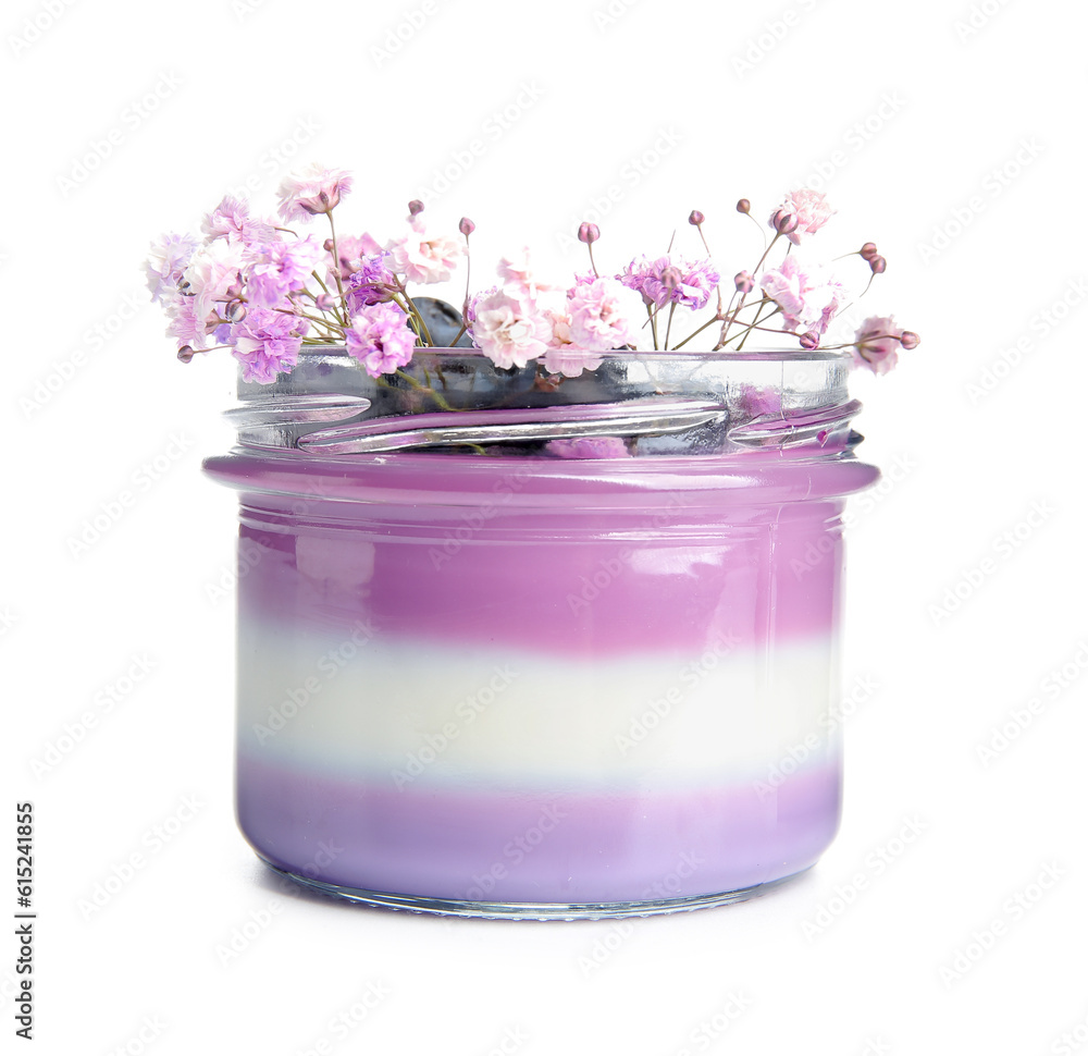 Glass jar of panna cotta with blueberry and beautiful gypsophila flowers on white background