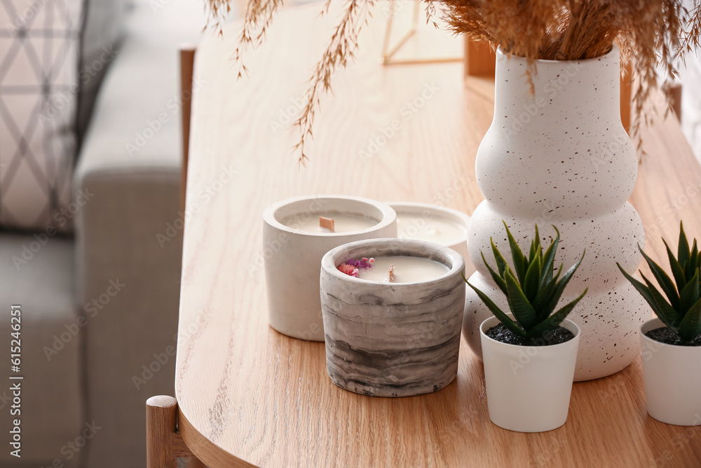 Holders with candles and houseplants on table in room