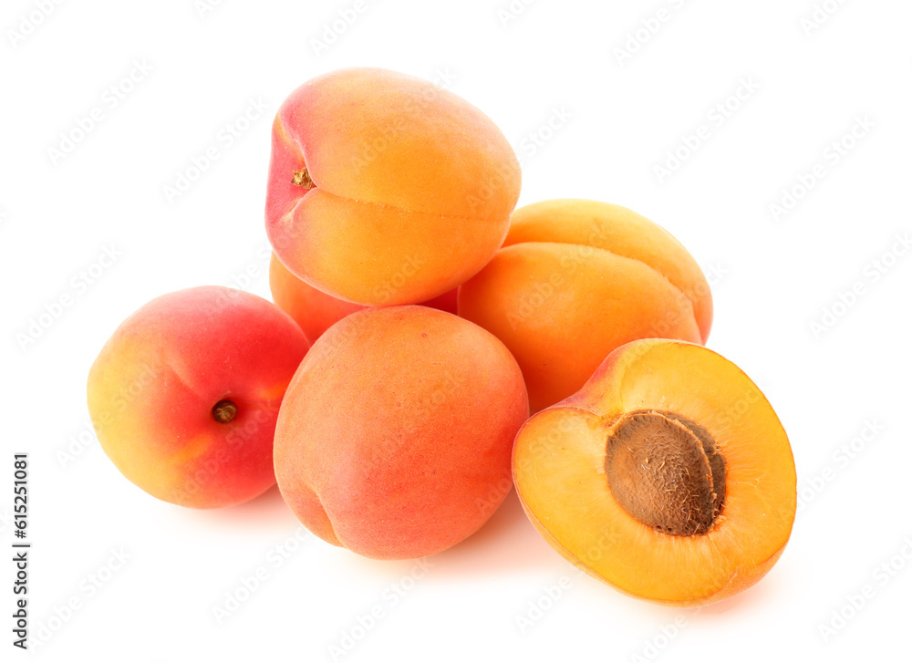 Heap of ripe apricots isolated on white background