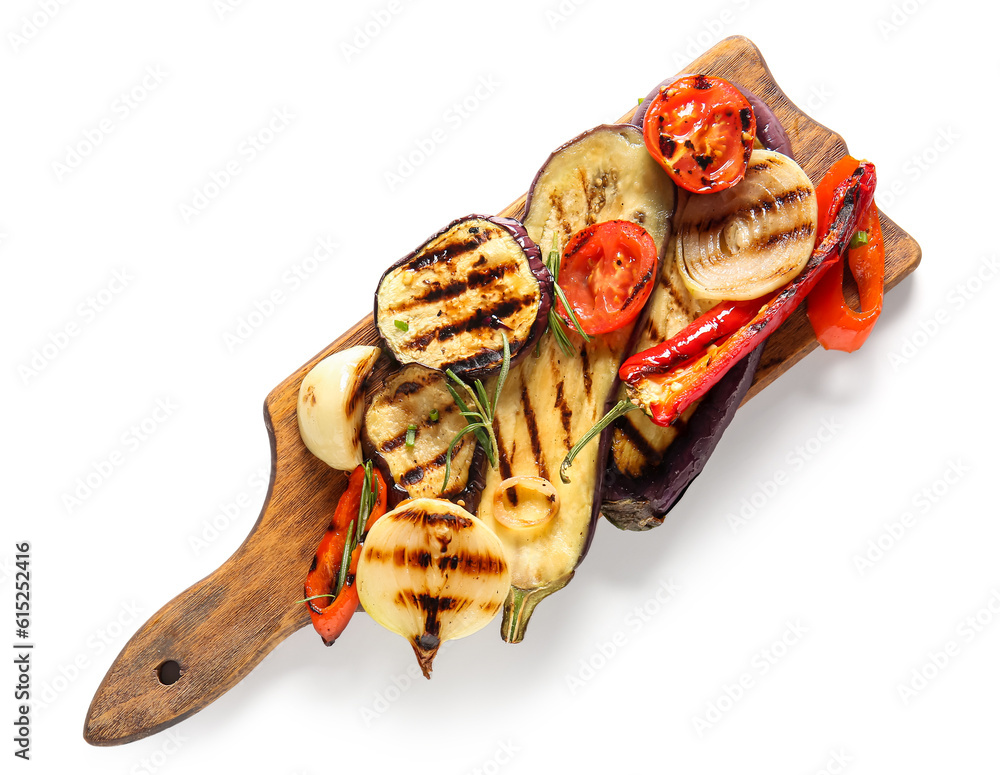 Wooden board with different tasty grilled vegetables on white background