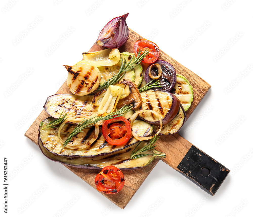 Wooden board with different tasty grilled vegetables on white background