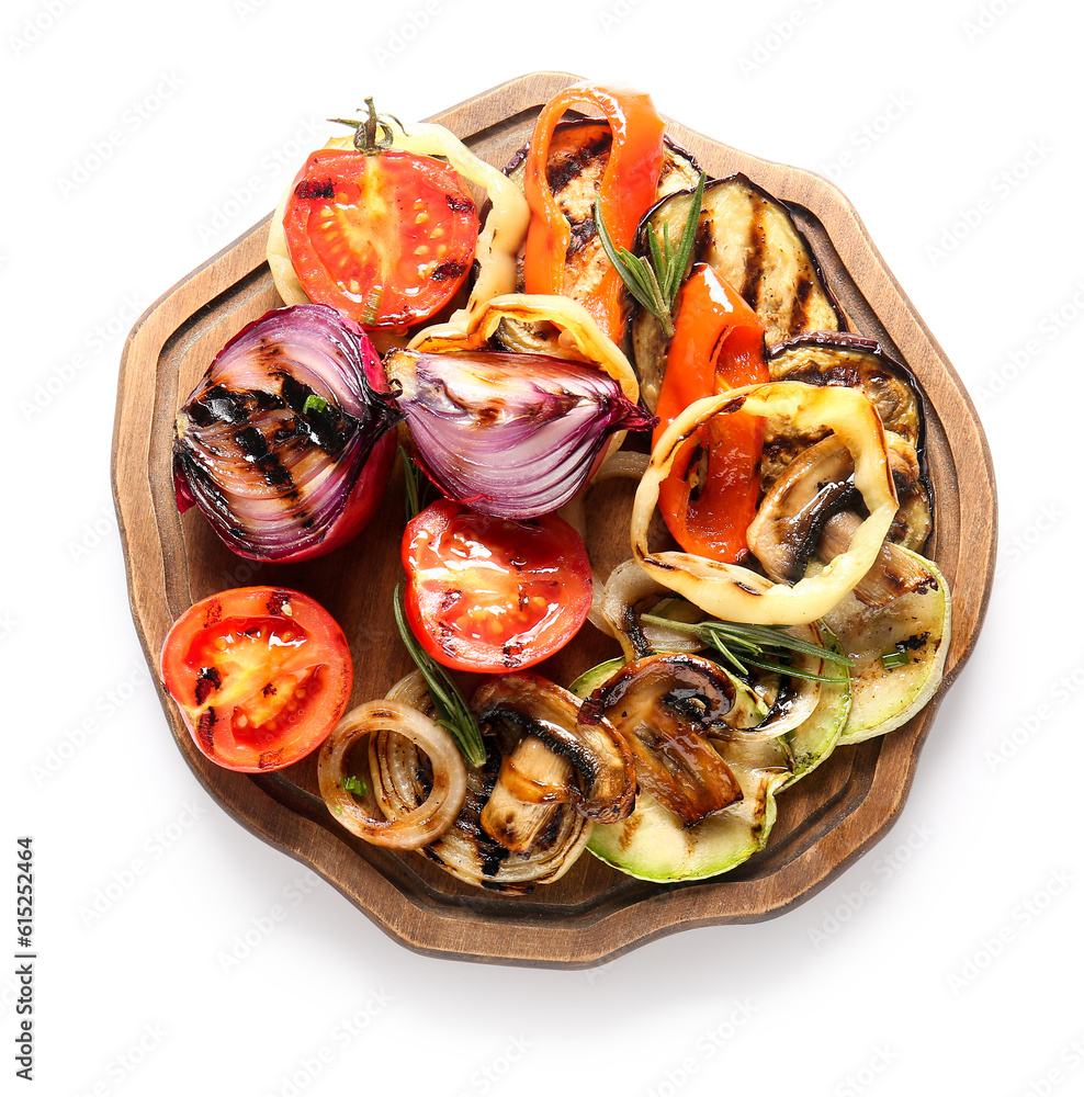 Wooden board with different tasty grilled vegetables on white background