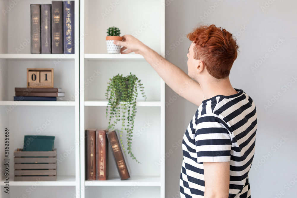 Young redhead man taking cactus from shelf at home